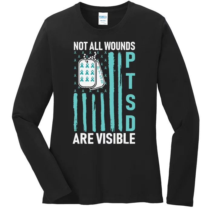 All Wounds Are Visible PTSD USA Flag PTSD Awareness Flag Ladies Long Sleeve Shirt