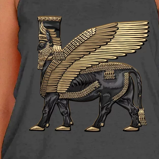 Assyrian Winged Bull Gold And Black Lamassu Over White Leather Women's Knotted Racerback Tank