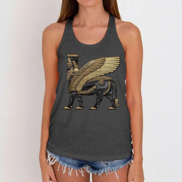 Assyrian Winged Bull Gold And Black Lamassu Over White Leather Women's Knotted Racerback Tank