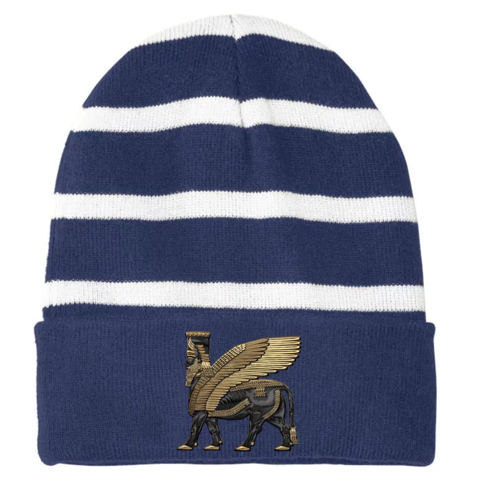 Assyrian Winged Bull Gold And Black Lamassu Over White Leather Striped Beanie with Solid Band