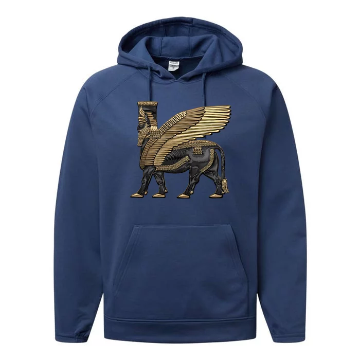 Assyrian Winged Bull Gold And Black Lamassu Over White Leather Performance Fleece Hoodie