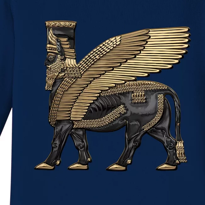 Assyrian Winged Bull Gold And Black Lamassu Over White Leather Baby Long Sleeve Bodysuit