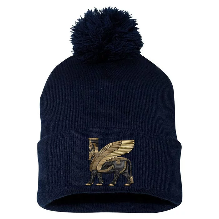 Assyrian Winged Bull Gold And Black Lamassu Over White Leather Pom Pom 12in Knit Beanie