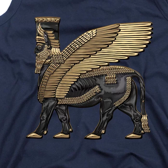 Assyrian Winged Bull Gold And Black Lamassu Over White Leather Tank Top