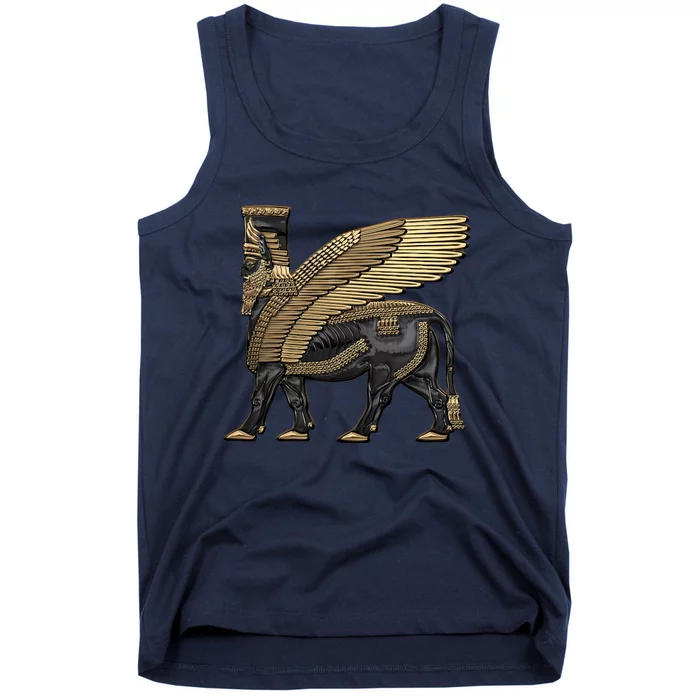 Assyrian Winged Bull Gold And Black Lamassu Over White Leather Tank Top