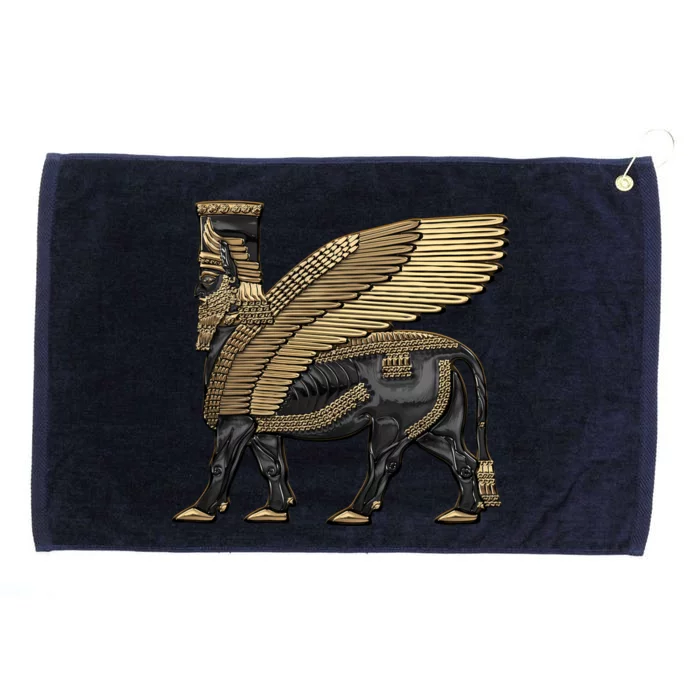 Assyrian Winged Bull Gold And Black Lamassu Over White Leather Grommeted Golf Towel