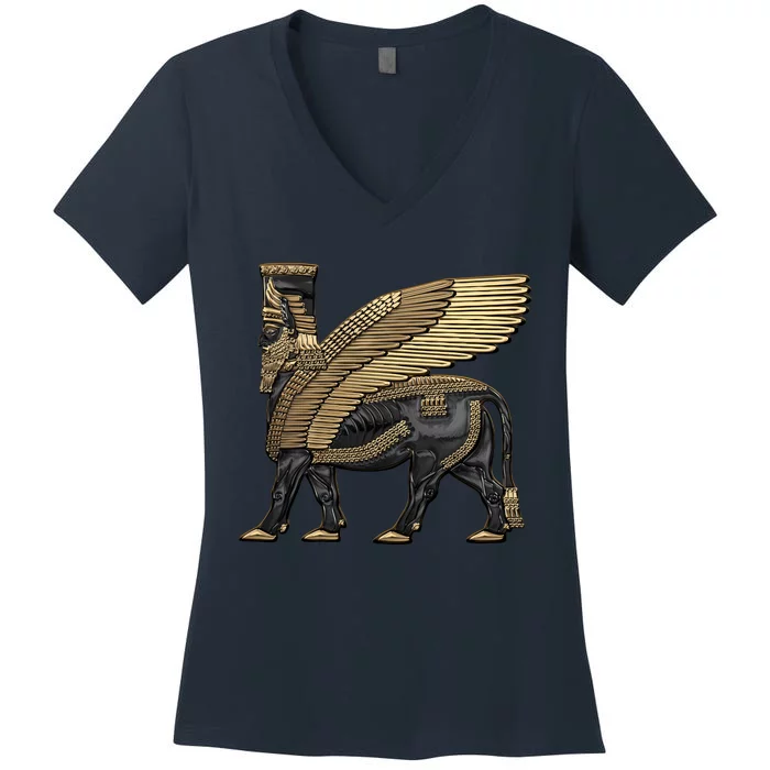 Assyrian Winged Bull Gold And Black Lamassu Over White Leather Women's V-Neck T-Shirt