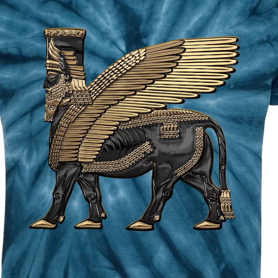 Assyrian Winged Bull Gold And Black Lamassu Over White Leather Kids Tie-Dye T-Shirt