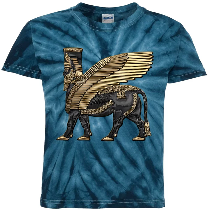 Assyrian Winged Bull Gold And Black Lamassu Over White Leather Kids Tie-Dye T-Shirt