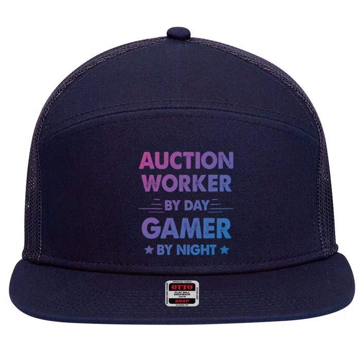 Auction Worker By Day Gamer By Night Gift 7 Panel Mesh Trucker Snapback Hat