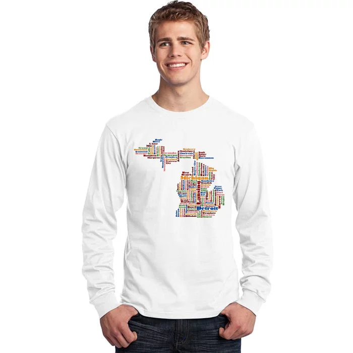 Abstract Word Cloud Map Of Michigan State Tall Long Sleeve T-Shirt