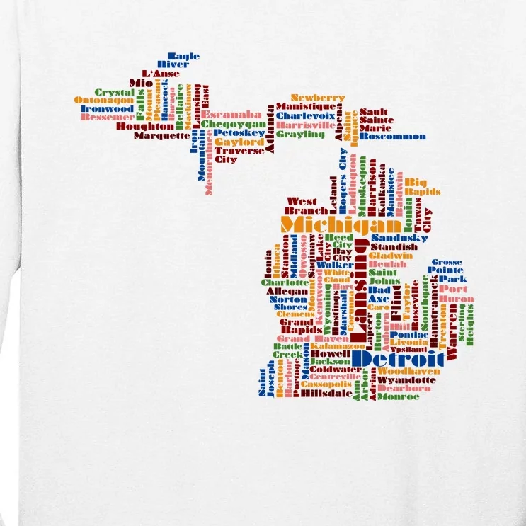 Abstract Word Cloud Map Of Michigan State Tall Long Sleeve T-Shirt