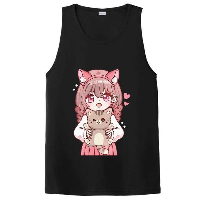 Anime With Cat Kawaii Cat Lover Otaku Performance Tank