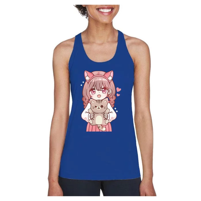 Anime With Cat Kawaii Cat Lover Otaku Women's Racerback Tank