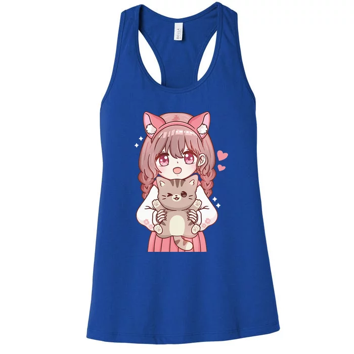 Anime With Cat Kawaii Cat Lover Otaku Women's Racerback Tank