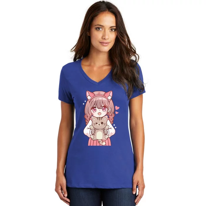 Anime With Cat Kawaii Cat Lover Otaku Women's V-Neck T-Shirt