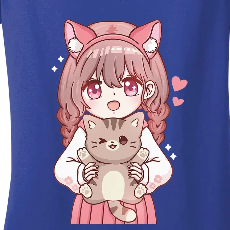 Anime With Cat Kawaii Cat Lover Otaku Women's V-Neck T-Shirt