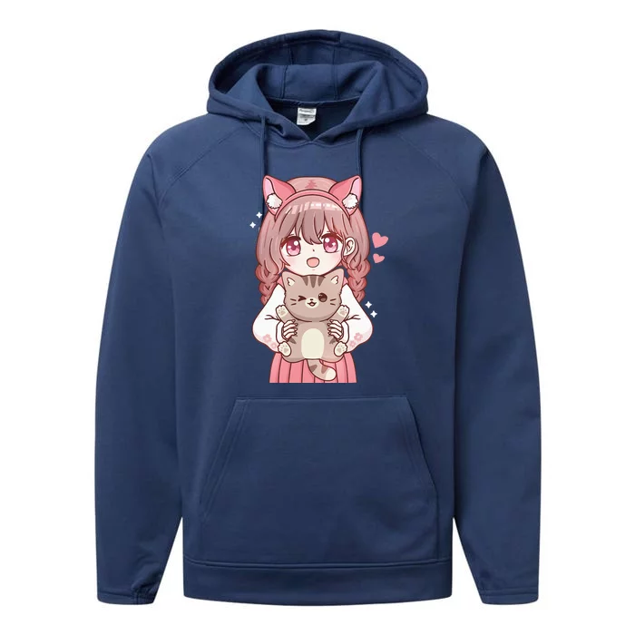 Anime With Cat Kawaii Cat Lover Otaku Performance Fleece Hoodie