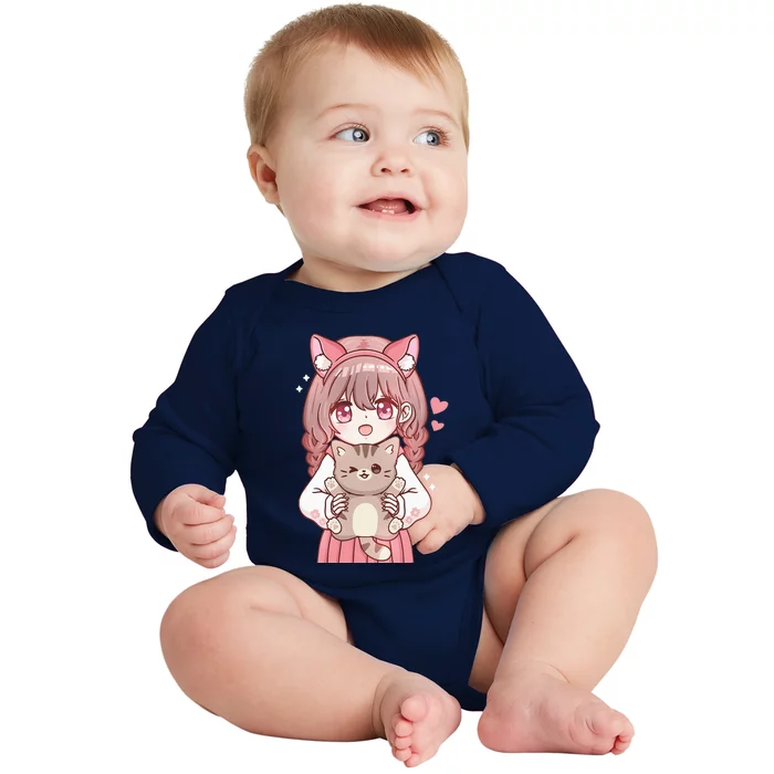 Anime With Cat Kawaii Cat Lover Otaku Baby Long Sleeve Bodysuit