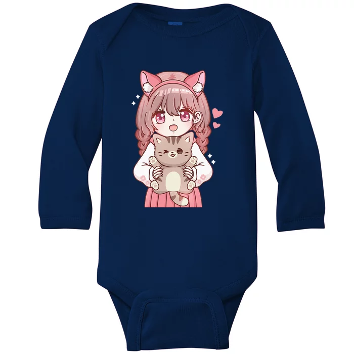 Anime With Cat Kawaii Cat Lover Otaku Baby Long Sleeve Bodysuit