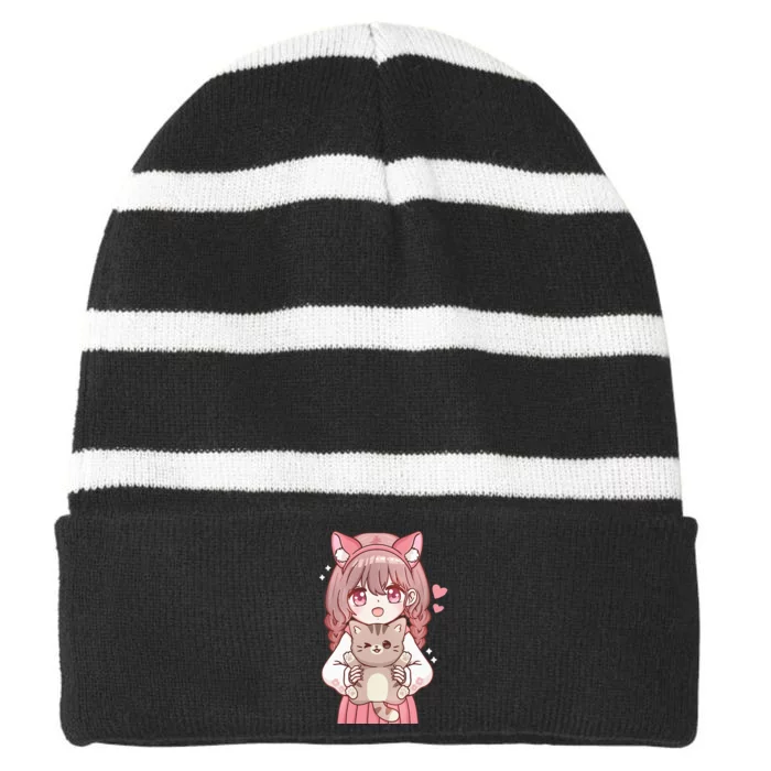 Anime with Cat Kawaii Cat Lover Otaku Striped Beanie with Solid Band