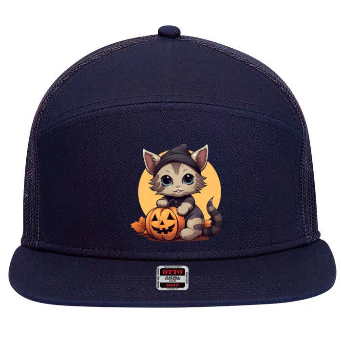 Autumn Whiskers Cute Cat Cuddling A Halloween Pumpkin Meaningful Gift 7 Panel Mesh Trucker Snapback Hat