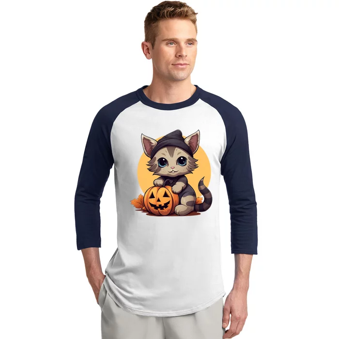 Autumn Whiskers Cute Cat Cuddling A Halloween Pumpkin Meaningful Gift Baseball Sleeve Shirt