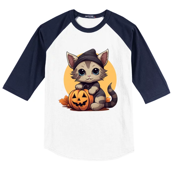 Autumn Whiskers Cute Cat Cuddling A Halloween Pumpkin Meaningful Gift Baseball Sleeve Shirt