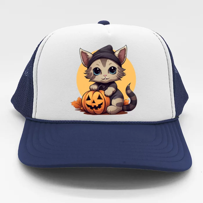 Autumn Whiskers Cute Cat Cuddling A Halloween Pumpkin Meaningful Gift Trucker Hat