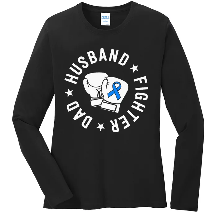 ALS Warrior Dad Husband Father Blue Ribbon Awareness Ladies Long Sleeve Shirt