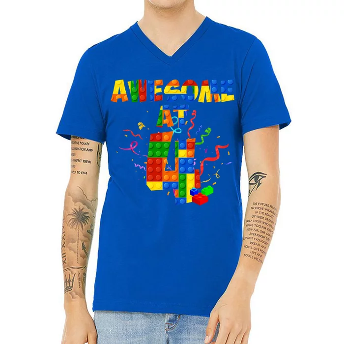 Awesome At 4 Cute Birthday Building Blocks V-Neck T-Shirt