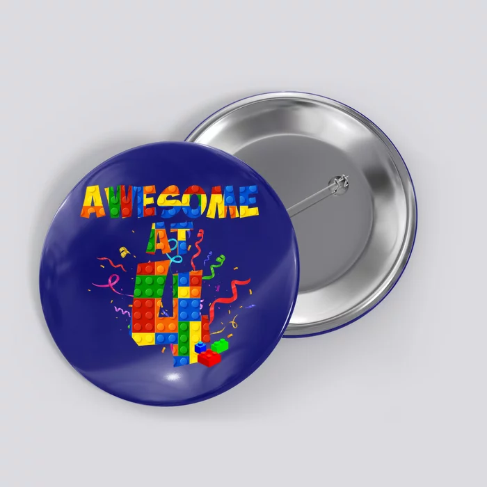 Awesome At 4 Cute Birthday Building Blocks Button