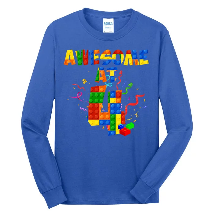 Awesome At 4 Cute Birthday Building Blocks Tall Long Sleeve T-Shirt