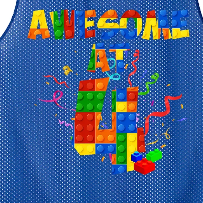 Awesome At 4 Cute Birthday Building Blocks Mesh Reversible Basketball Jersey Tank