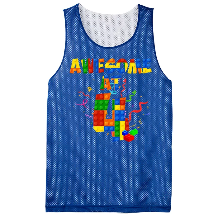 Awesome At 4 Cute Birthday Building Blocks Mesh Reversible Basketball Jersey Tank