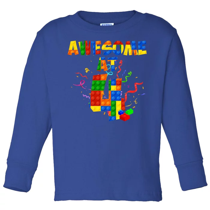 Awesome At 4 Cute Birthday Building Blocks Toddler Long Sleeve Shirt