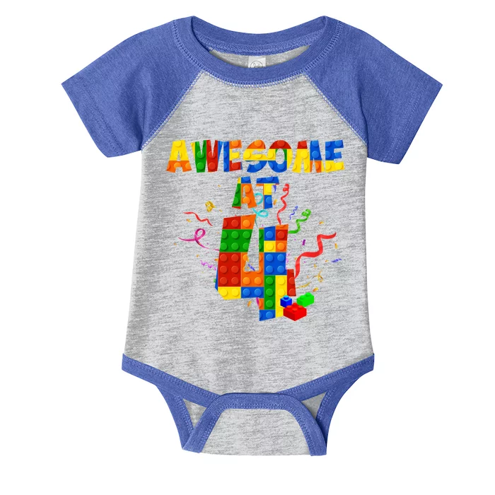 Awesome At 4 Cute Birthday Building Blocks Infant Baby Jersey Bodysuit