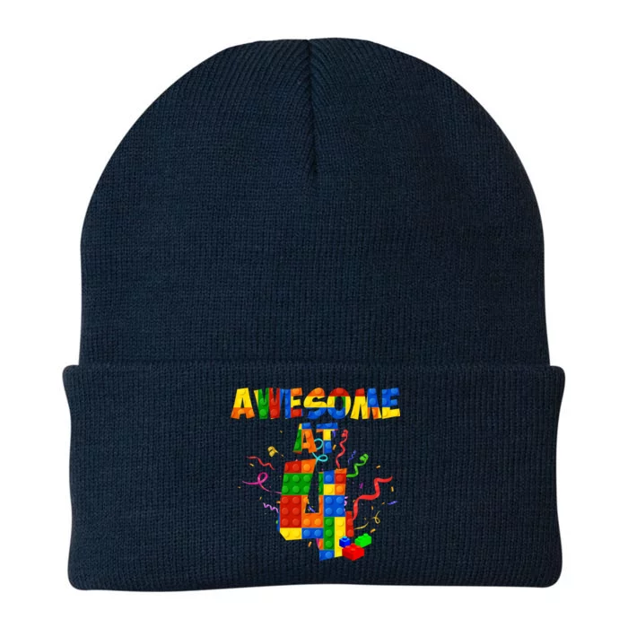 Awesome At 4 Cute Birthday Building Blocks Knit Cap Winter Beanie