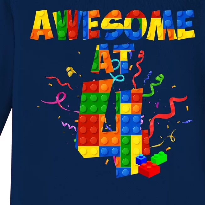 Awesome At 4 Cute Birthday Building Blocks Baby Long Sleeve Bodysuit