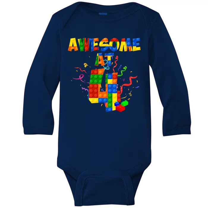 Awesome At 4 Cute Birthday Building Blocks Baby Long Sleeve Bodysuit