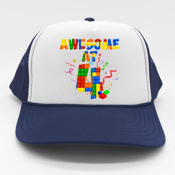 Awesome At 4 Cute Birthday Building Blocks Trucker Hat