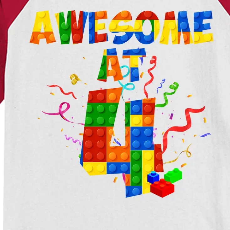 Awesome At 4 Cute Birthday Building Blocks Kids Colorblock Raglan Jersey