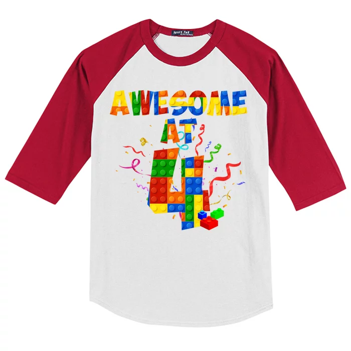 Awesome At 4 Cute Birthday Building Blocks Kids Colorblock Raglan Jersey