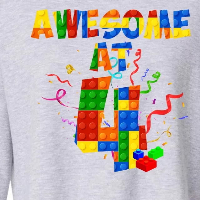 Awesome At 4 Cute Birthday Building Blocks Cropped Pullover Crew