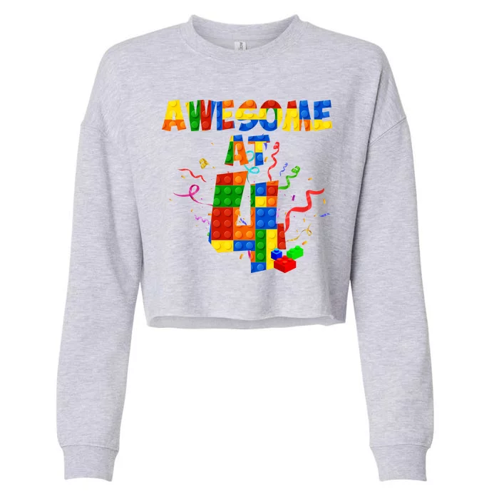 Awesome At 4 Cute Birthday Building Blocks Cropped Pullover Crew