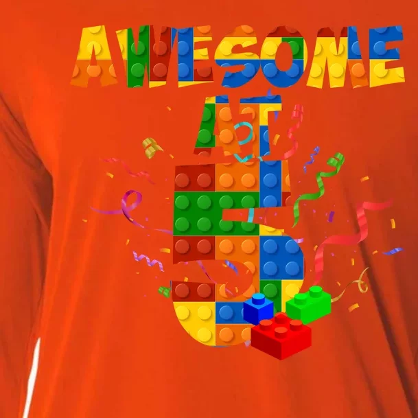 Awesome At 5 Cute Birthday Building Blocks Cooling Performance Long Sleeve Crew