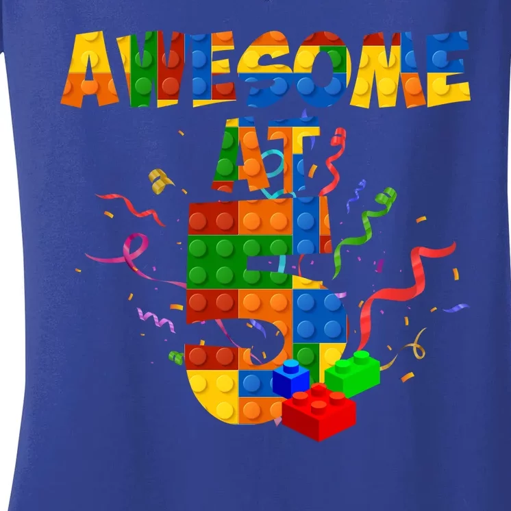 Awesome At 5 Cute Birthday Building Blocks Women's V-Neck T-Shirt