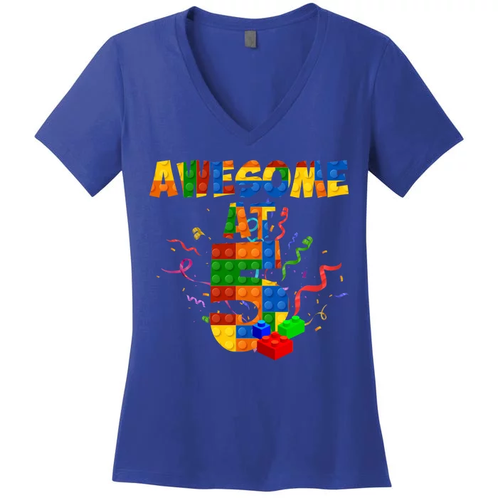 Awesome At 5 Cute Birthday Building Blocks Women's V-Neck T-Shirt