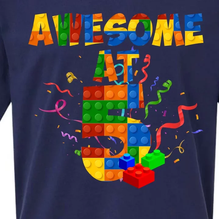 Awesome At 5 Cute Birthday Building Blocks Sueded Cloud Jersey T-Shirt