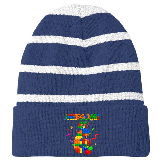 Awesome At 6 Cute Birthday Building Blocks Striped Beanie with Solid Band